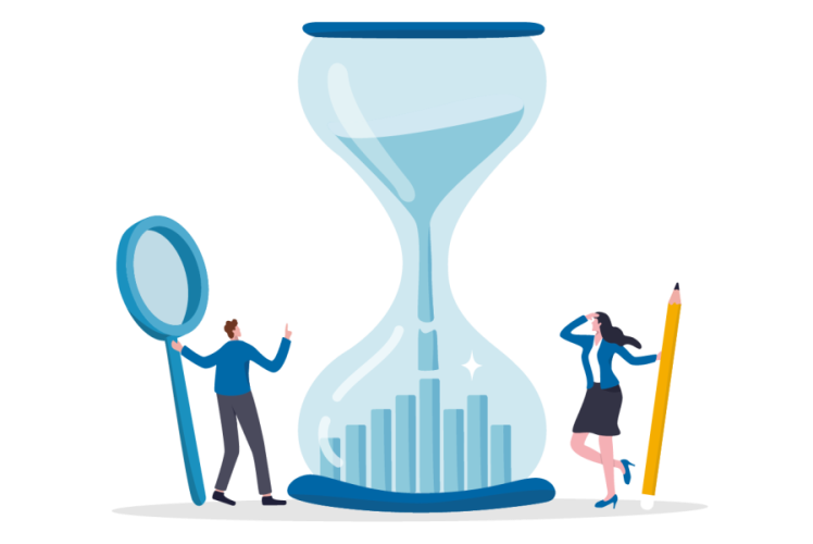 Employee time tracking software, two people looking at a large timer.
